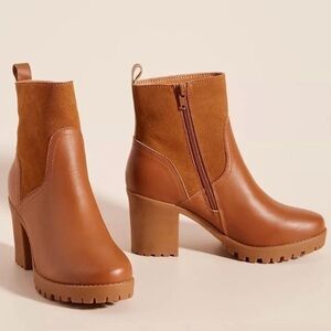 Soludos Dani Saddle Shearling Platform Heeled Ankle Boot leather suede tan 7.5